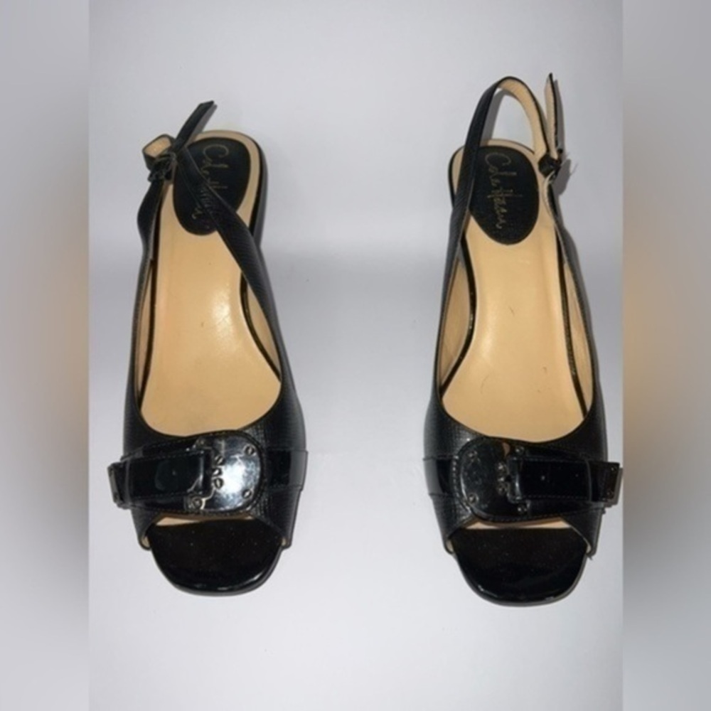 Cole Haan Womens 9 1/2 Black Leather Peep Toe Nike Air Heels Pumps 9.5 Buckle - Picture 2 of 15